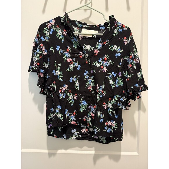 Anthropologie Maeve Aveiro Flutter Sleeve Button Down Blouse Small Black Motif - Picture 3 of 7